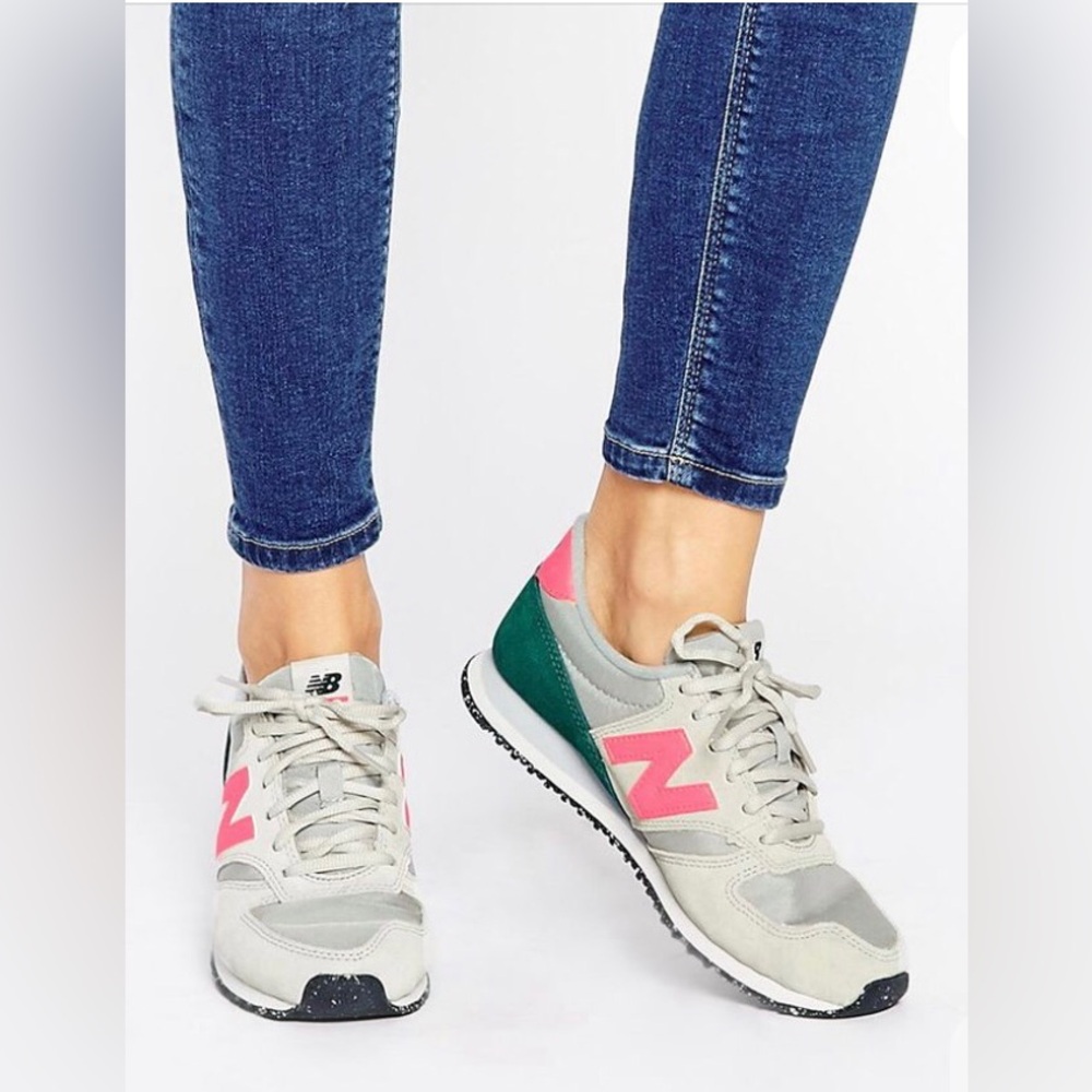 New Balance Women's Light Gray Pink and Green Retro Sneakers